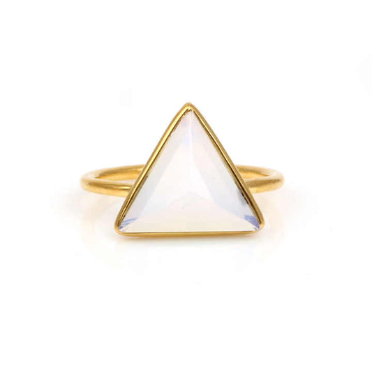 Beautiful 12mm Opalite Hydro Quartz Gemstone Bezel Sterling Silver 18k Gold Plated Triangle Shape Thin Band Ring Women Jewelry