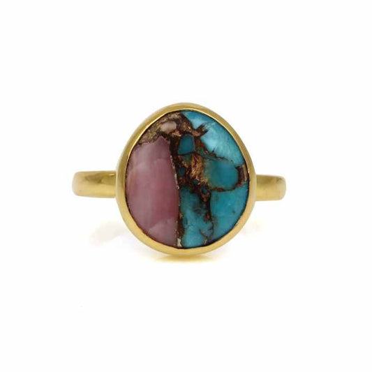 Best Selling Mohave Pink Opal Copper Turquoise Stone Genuine 925 Silver 12mm Round Shape Band Dainty Ring for Women Fine Jewelry