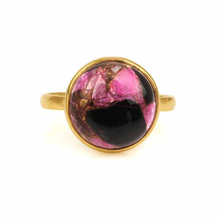 High Quality 12mm Pink Black Copper Turquoise Stone 18k Gold Plated Pure Sterling Silver Bezel Set Dainty Round Ring for Women