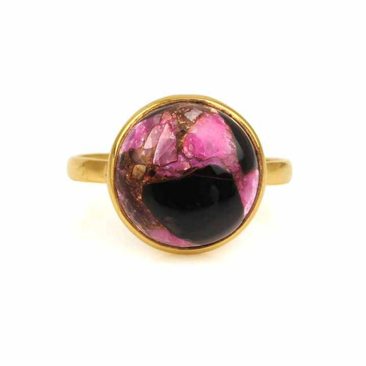 High Quality 12mm Pink Black Copper Turquoise Stone 18k Gold Plated Pure Sterling Silver Bezel Set Dainty Round Ring for Women