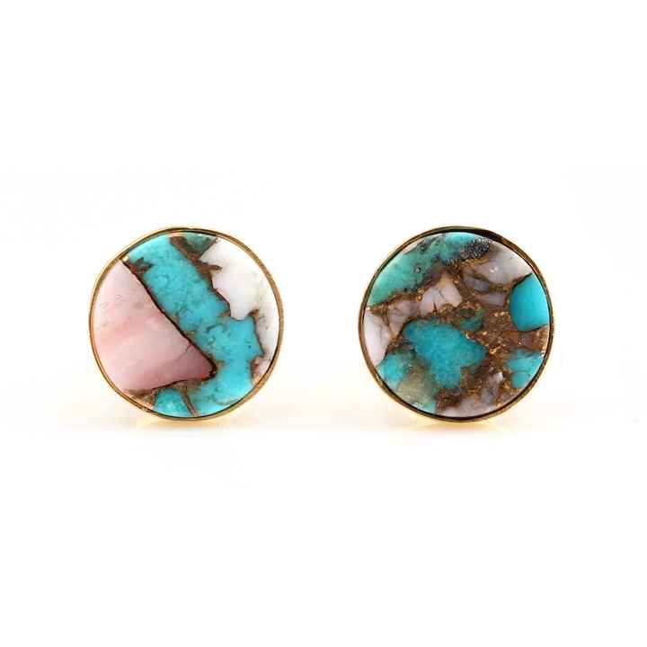 Trendy Stud Earring pink Earrings Turquoise Opal Copper Sterling Silver Bezel Natural Round pink & Blue Stud Earrings