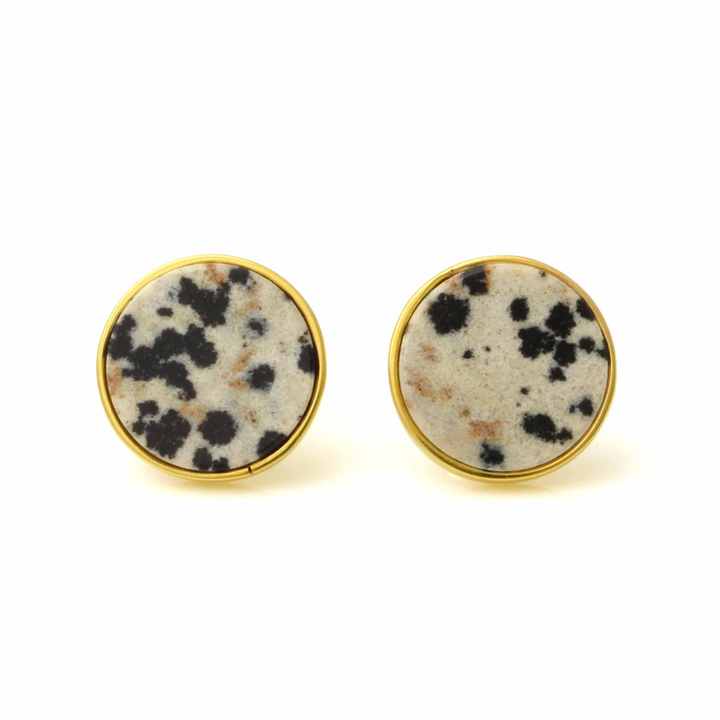 Handmade Dalmatian Jasper Women Earrings 18k Gold Plated Sterling Silver Natural Round Shape Gemstone Stud Earrings