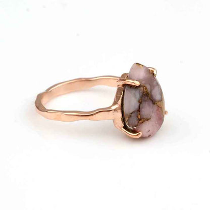 10x14mm Pink Opal Copper Composite Gemstone Prong Setting Jewelry Rose Gold Plated Silver Pear Shape Stylish Band Ring for Women
