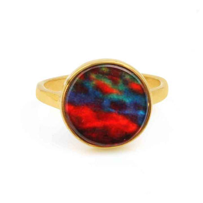 Superb Multi Fire 12mm Ammolite Quartz Gemstone Indian Jewelry Micron Gold Plated Round Solid 925 Silver Bezel Ring for Lady