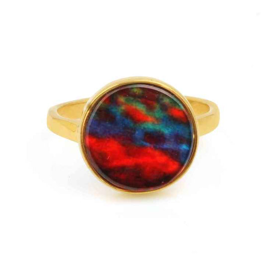 Superb Multi Fire 12mm Ammolite Quartz Gemstone Indian Jewelry Micron Gold Plated Round Solid 925 Silver Bezel Ring for Lady
