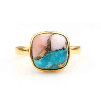 2024 Hot Selling 12mm Mohave Pink Opal Copper Turquoise Stone 18k Gold Plated Sterling Silver Dainty Cushion Ring Women Jewelry