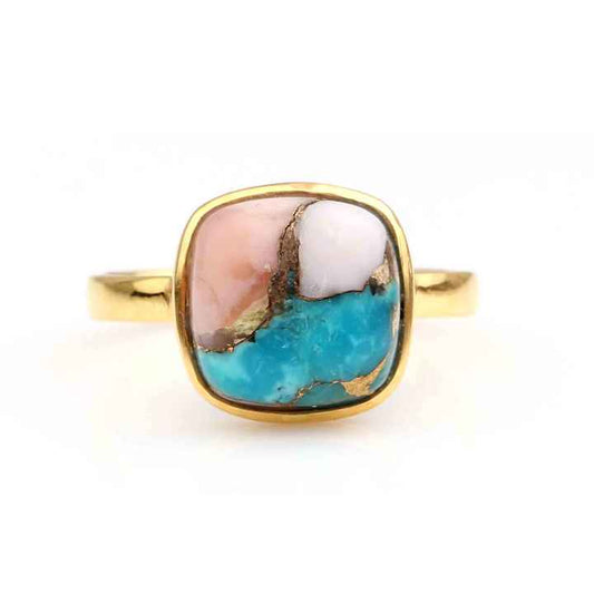 2024 Hot Selling 12mm Mohave Pink Opal Copper Turquoise Stone 18k Gold Plated Sterling Silver Dainty Cushion Ring Women Jewelry