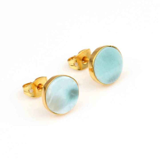 Best Selling Gorgeous Women Fashion Sterling Silver Natural Larimar Gemstone Bezel 18k Gold Plated Dainty Stud Earrings Jewelry