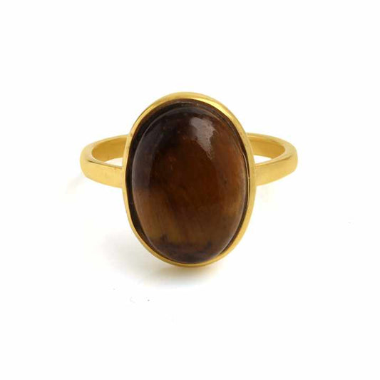 2024 Best Selling Beautiful Genuine Sterling Silver 18k Gold Plated Everyday Wear 10x14mm Tiger Eye Brown Gemstone Ring for Her