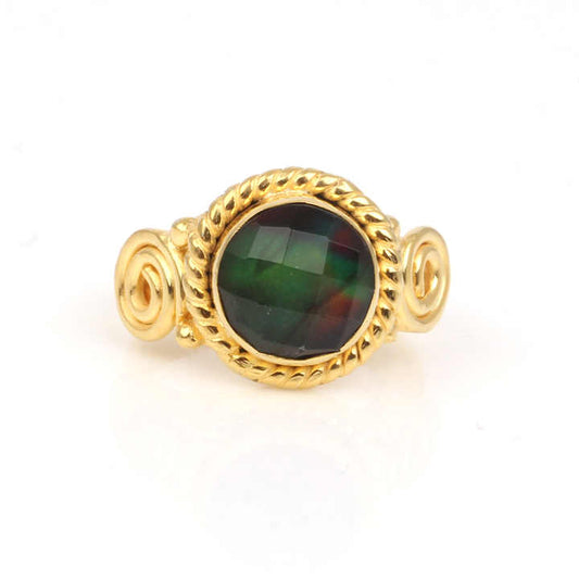 New Design 10mm Ammonite Quartz Gemstone Sterling Silver Jewelry 18k Gold Plated Designer Round Boho Bezel Ring for Women