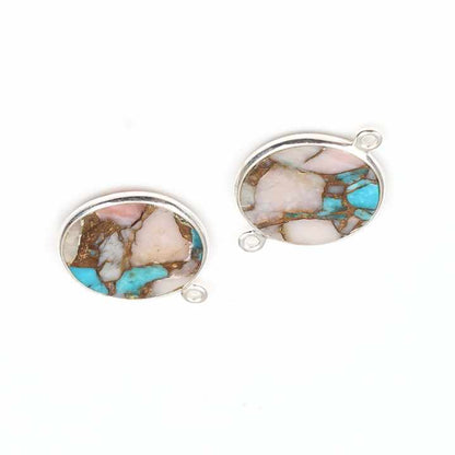 12mm Round Coin Pink Opal Copper Turquoise Composite Gemstone Bezel Silver Charms Connector Pendant for Necklace & Bracelet