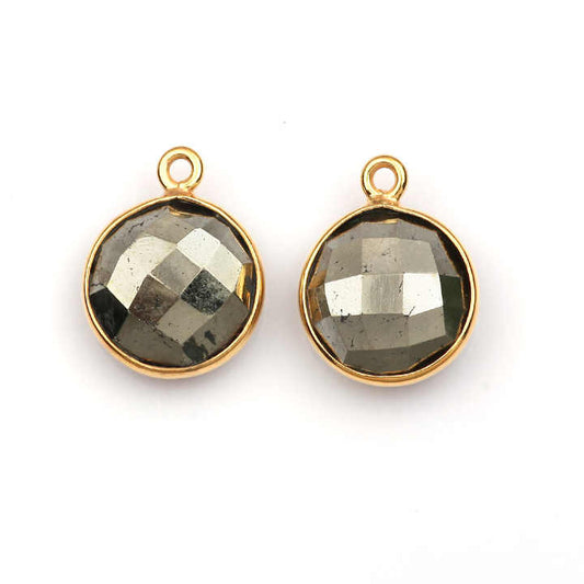 12mm Natural Fools Gold Pyrite Faceted Gemstone Bezel 18k Gold Plated Sterling Silver Round Shape Charm Pendant Finding Supplier