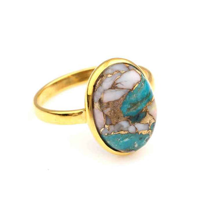Top Selling 10x14mm Mohave Turquoise Pink Opal Copper Gemstone Bezel 18k Gold Plated Sterling Silver Dainty Oval Ring for Women