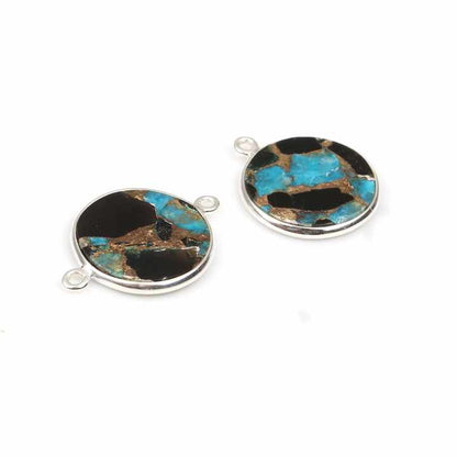 Top Selling Genuine 925 Sterling Silver Mohave Blue Black Copper Turquoise Gemstone 12mm Round Coin Shape Bezel Connector Charms