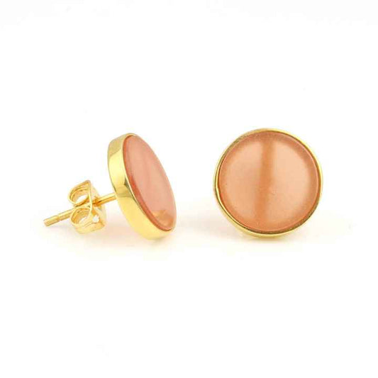 9mm Natural Peach Moonstone Handmade 18k Gold Plated Jewelry 925 Sterling Silver Bezel Gemstone Dainty Stud Earring for Women