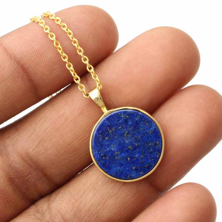 New Design Natural Lapis Lazuli Round Coin Stone Gold Plated Sterling Silver Dainty Minimalist Layering Necklace Gift for Her
