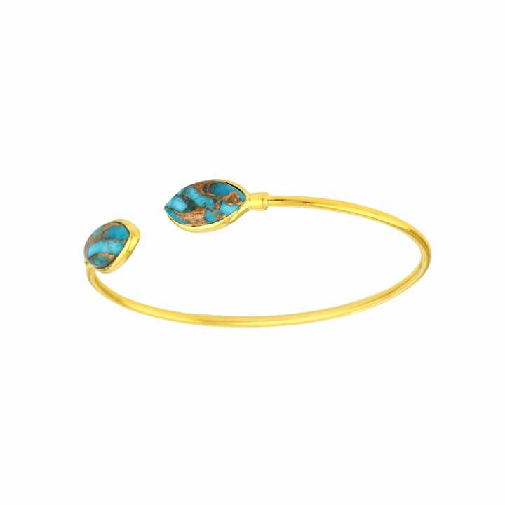 Beautiful 8x16mm Natural Blue Copper Turquoise Gemstone 18k Gold Plated Sterling Silver Dainty Adjustable Cuff Bangle for Women