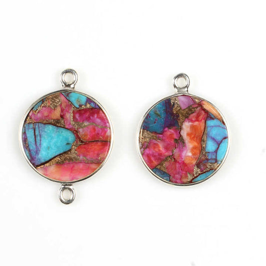 12mm Natural Mix Oyster Copper Turquoise Gemstone Jewellery Handmade Silver Round Coin Charm Connector for Pendant and Necklace