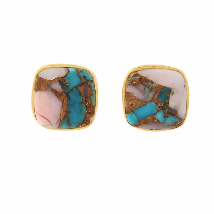 Beautiful 12mm Mohave Pink Opal Copper Turquoise Gemstone Cushion Gold Vermeil Post Stud Earrings in Genuine 925 Sterling Silver