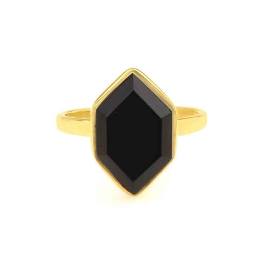 Best Selling Sterling Silver Non Tarnish Nickel Free Jewelry 18k Gold Plated 8x16mm Hexagon Cut Dainty Black Onyx Ring for Her