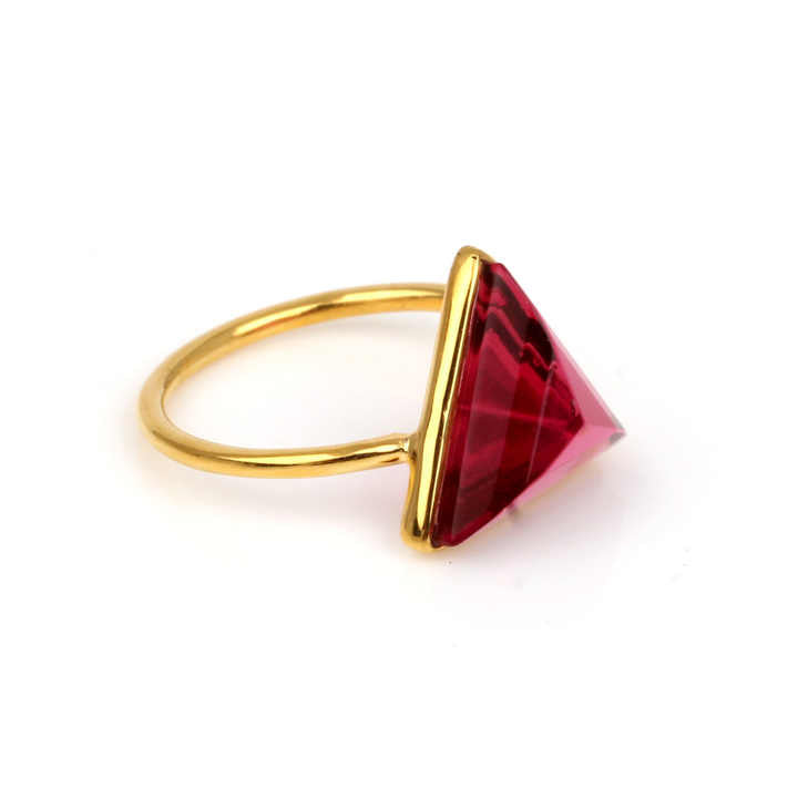 12mm Pink Tourmaline Hydro Quartz Gemstone Bezel 18k Gold Plated Sterling Silver Triangle Shape Dainty Casual Ring Women Jewelry