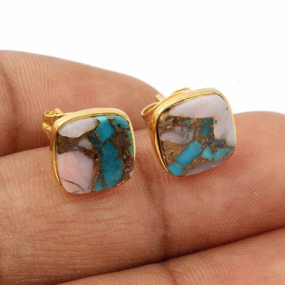 Beautiful 12mm Mohave Pink Opal Copper Turquoise Gemstone Cushion Gold Vermeil Post Stud Earrings in Genuine 925 Sterling Silver