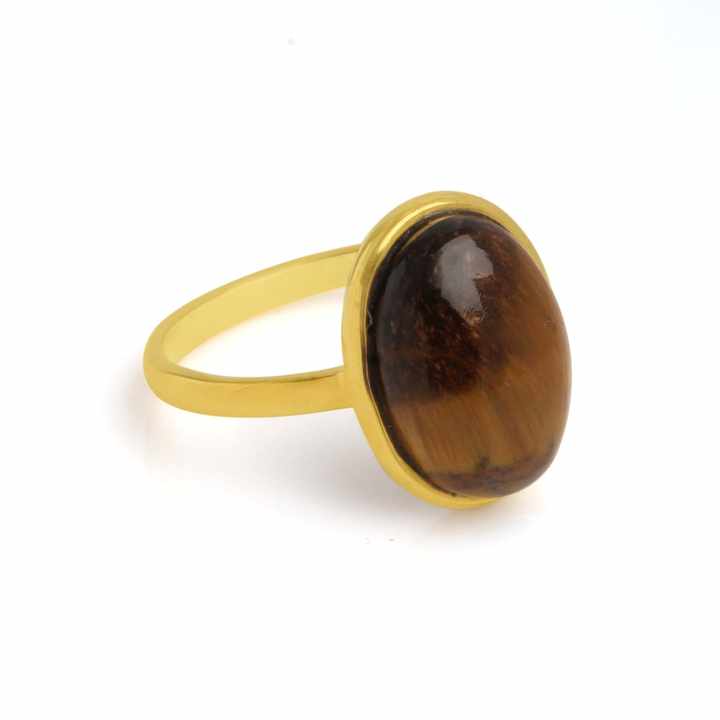2024 Best Selling Beautiful Genuine Sterling Silver 18k Gold Plated Everyday Wear 10x14mm Tiger Eye Brown Gemstone Ring for Her