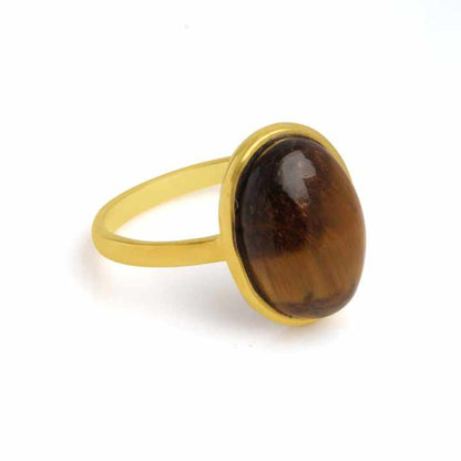 2024 Best Selling Beautiful Genuine Sterling Silver 18k Gold Plated Everyday Wear 10x14mm Tiger Eye Brown Gemstone Ring for Her