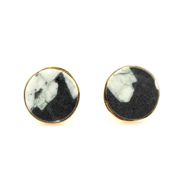 Top Quality 12mm Round Coin Natural Snowflake Obsidian Sterling Silver Gold Plated Daily Wear Minimalist Stud Earrings for Her