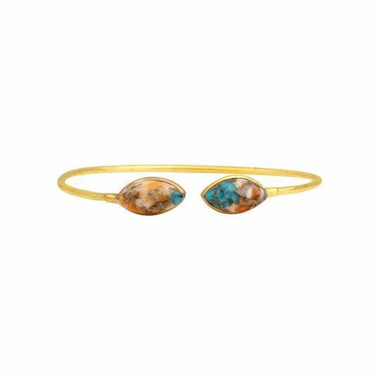 Solid 925 Sterling Silver Mohave Spiny Oyster Copper Turquoise Gemstone Bezel 18k Gold Plated Cuff Adjustable Bangle for Women