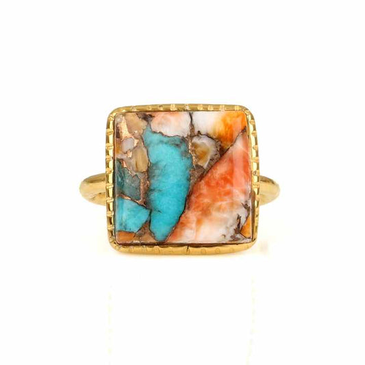 Best Selling 12mm Mohave Spiny Oyster Copper Turquoise Gemstone Bezel Designer Ring for Women 925 Silver Fine Jewelry Rhodium