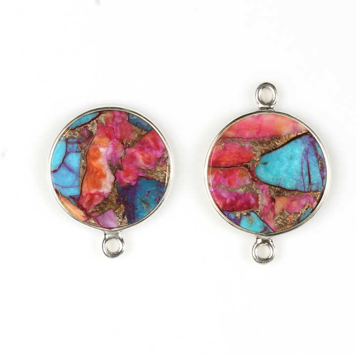 12mm Natural Mix Oyster Copper Turquoise Gemstone Jewellery Handmade Silver Round Coin Charm Connector for Pendant and Necklace