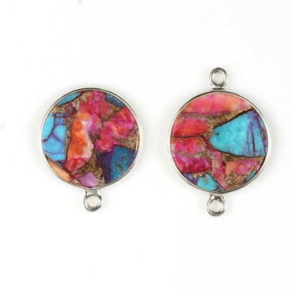 12mm Natural Mix Oyster Copper Turquoise Gemstone Jewellery Handmade Silver Round Coin Charm Connector for Pendant and Necklace