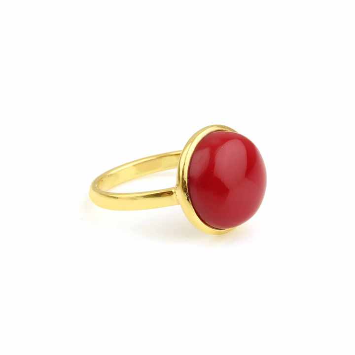 Hot Selling 12mm Synthetic Red Coral Gemstone Bezel Setting 18k Gold Plated Sterling Silver Dainty Round Shape Ring for Women
