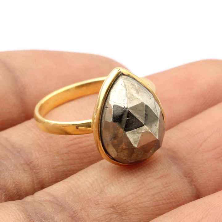 Top Selling High Polish 12x16mm Natural Fool Gold Pyrite Gemstone Solid 925 Sterling Silver Bezel Ring for Women