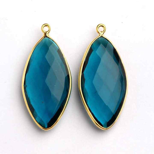 12x25mm London Blue Topaz Hydro Quartz Faceted Marquise Cut Gemstone Sterling Silver 18k Gold Plated Charm Pendant for Necklace
