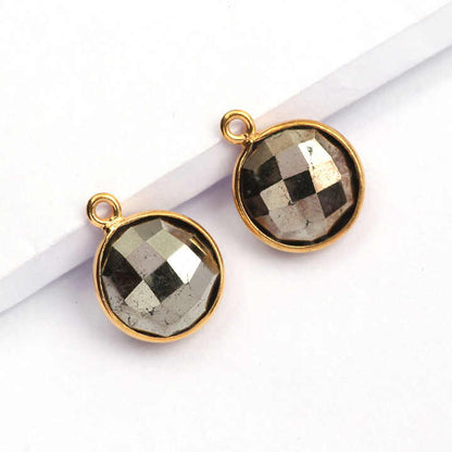 12mm Natural Fools Gold Pyrite Faceted Gemstone Bezel 18k Gold Plated Sterling Silver Round Shape Charm Pendant Finding Supplier