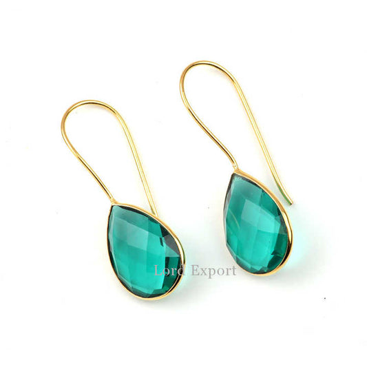 Latest Design Green Teal Hydro Quartz Sterling Silver Waterproof Jewelry 18k Gold Plated Dainty Teardrop Dangle Earrings for Her