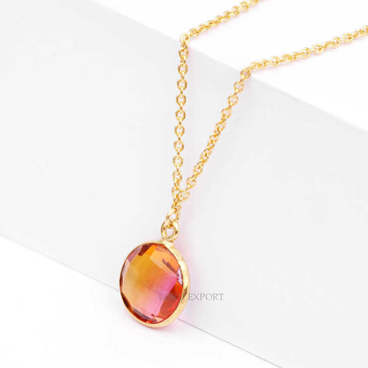 Latest Women Fashion Bi Tourmaline Doublet Quartz Round Shape Sterling Silver 18k Gold Plated Gemstone 18 Inches Chain Necklace