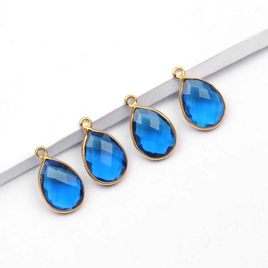 London Blue Topaz Quartz 12x16mm Pear Shape Gemstone Charms Jewelry Gold Plated 925 Sterling Silver Bezel Setting Charms Pendant