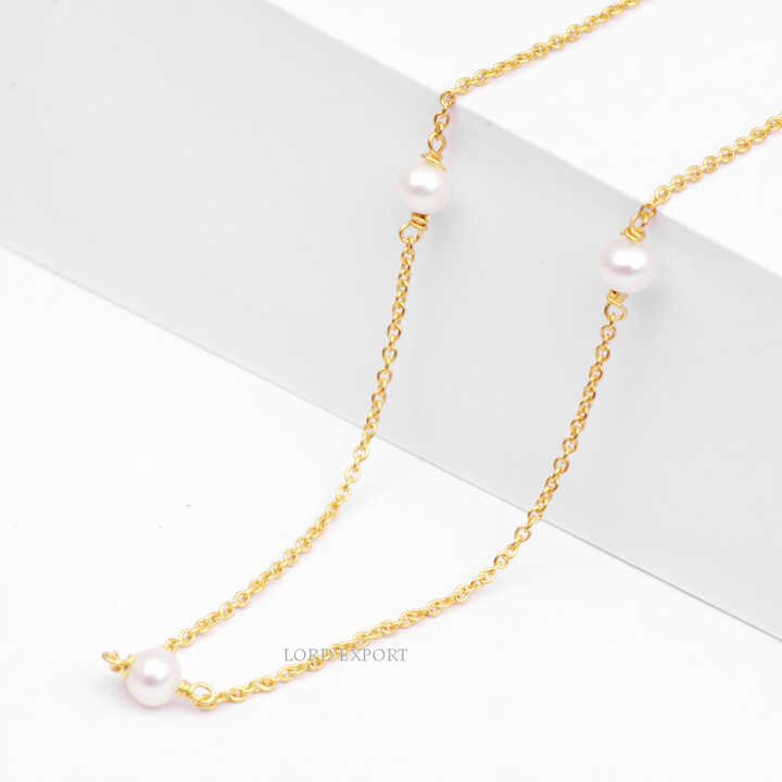 Natural Freshwater Pearl Round Shape Sterling Silver Indian Jewelry Gold Plated 18 Inches Chain Necklace Wholesale for Women