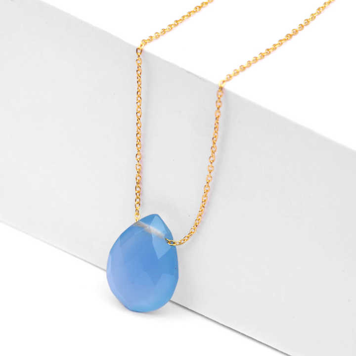 Natural Gemstone Pear Shape Blue Chalcedony Necklace for Women Handmade Sterling Silver Gold Plated 18 Inches Chain Necklace