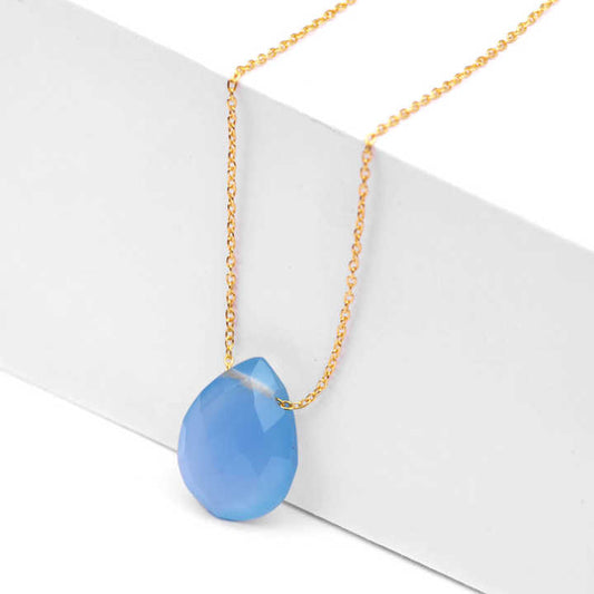 Natural Gemstone Pear Shape Blue Chalcedony Necklace for Women Handmade Sterling Silver Gold Plated 18 Inches Chain Necklace
