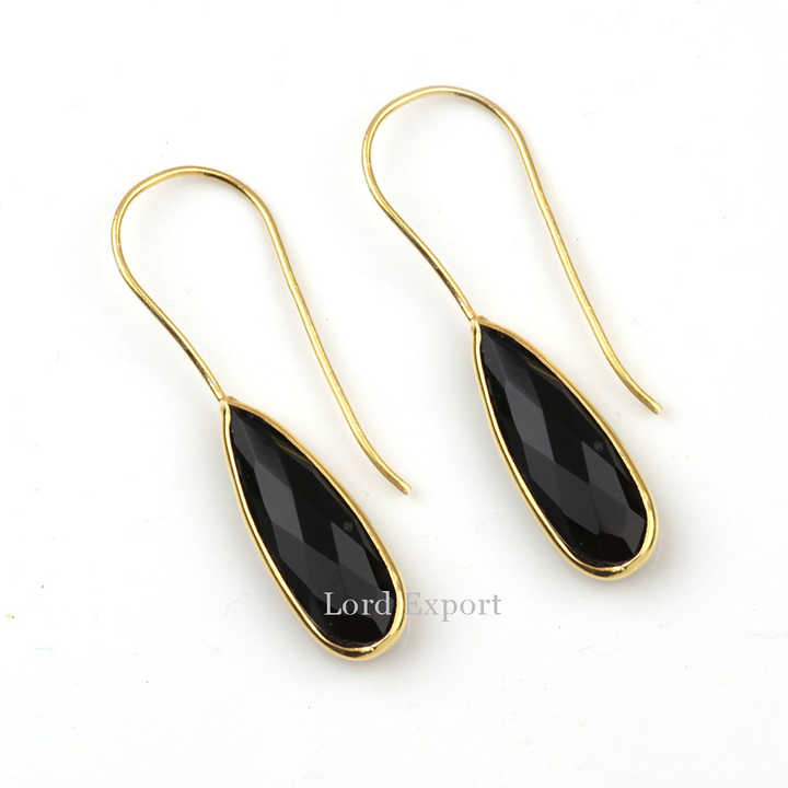 Best Selling Natural Crystal Black Onyx Gemstone Genuine 925 Sterling Silver 18k Gold Plated Dangle Teardrop Earrings for Women