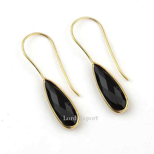 Best Selling Natural Crystal Black Onyx Gemstone Genuine 925 Sterling Silver 18k Gold Plated Dangle Teardrop Earrings for Women