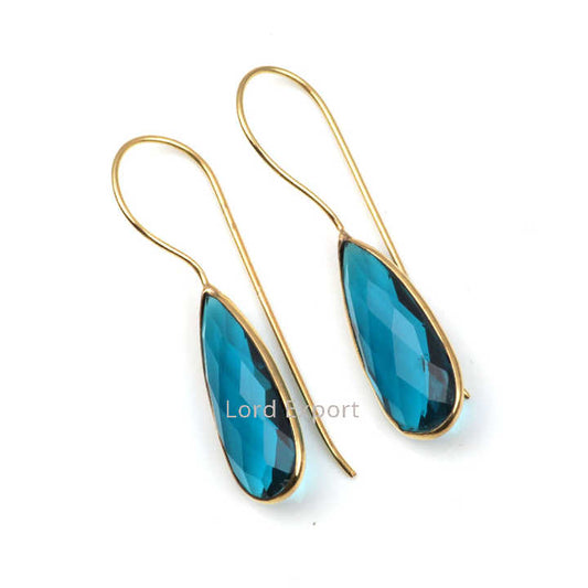 Beautiful 8x25mm Teal Hydro Quartz Gemstone 18k Gold Plated 925 Sterling Silver Luxury Design Teardrop Earring Women Jewelry