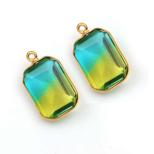 Beautiful High Polished Bio-Tourmaline Doublet Quartz Gemstone Gold Plated Sterling Silver Station Rectangle Charm for Pendant