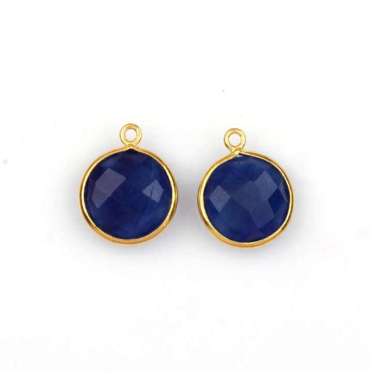 Blue Sapphire Dyed Quartz Faceted Gemstone 10mm Bezel 18k Gold Plated Sterling Silver Round Charm Pendant Connector for Bracelet