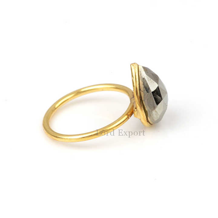 Beautiful 10x14mm Natural Fools Gold Pyrite Stone 18k Gold Plated 925 Silver Dainty Daily Wear Pear Shape Ring Women Jewelry