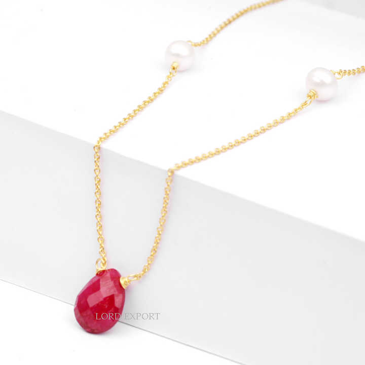 Natural Freshwater Pearl & Dyed Ruby Sterling Silver Gold Plated Chain Necklace